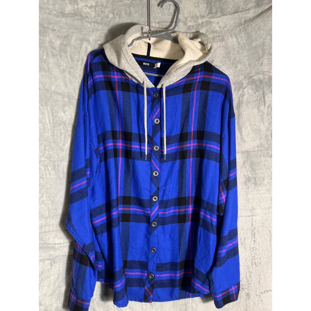 BDG Urban Outfitters Blue Plaid Hooded Flannel Shirt Womens Medium Oversized‎